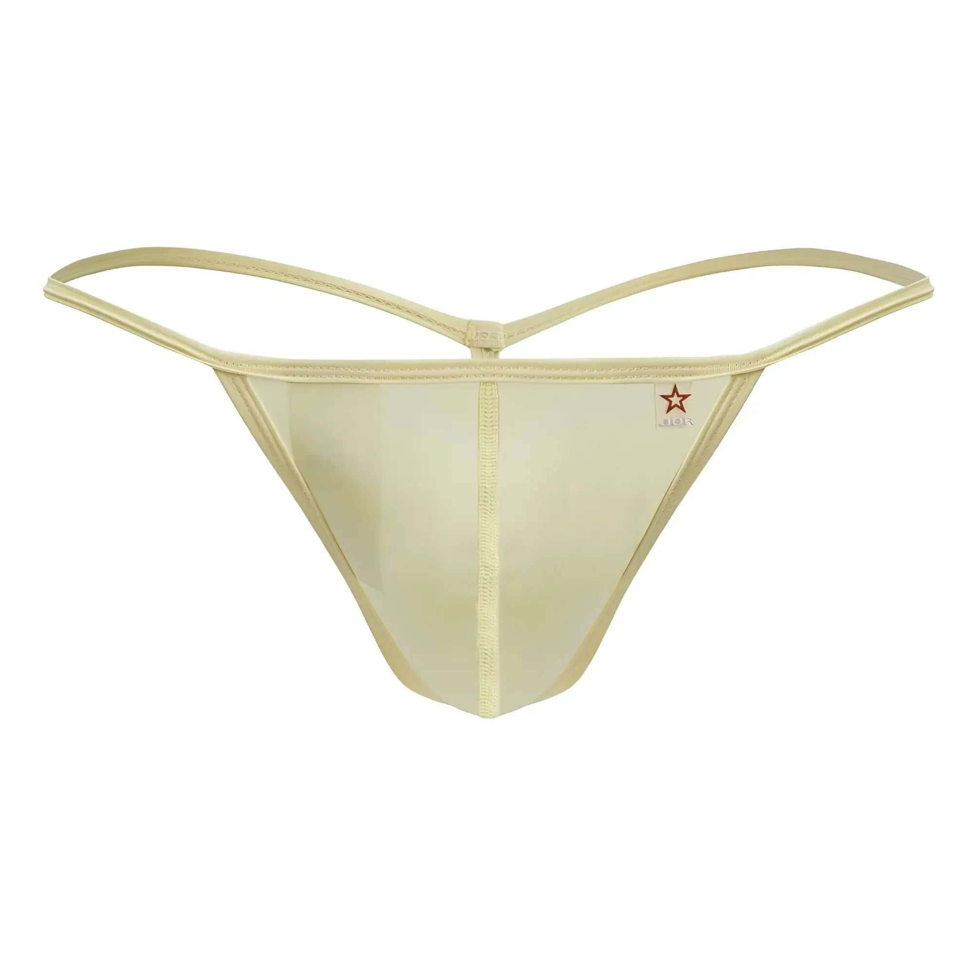 A sheer champagne-colored JOR 2258 Axel G-string made of smooth stretchy fabric with thin waistband straps and red star logo