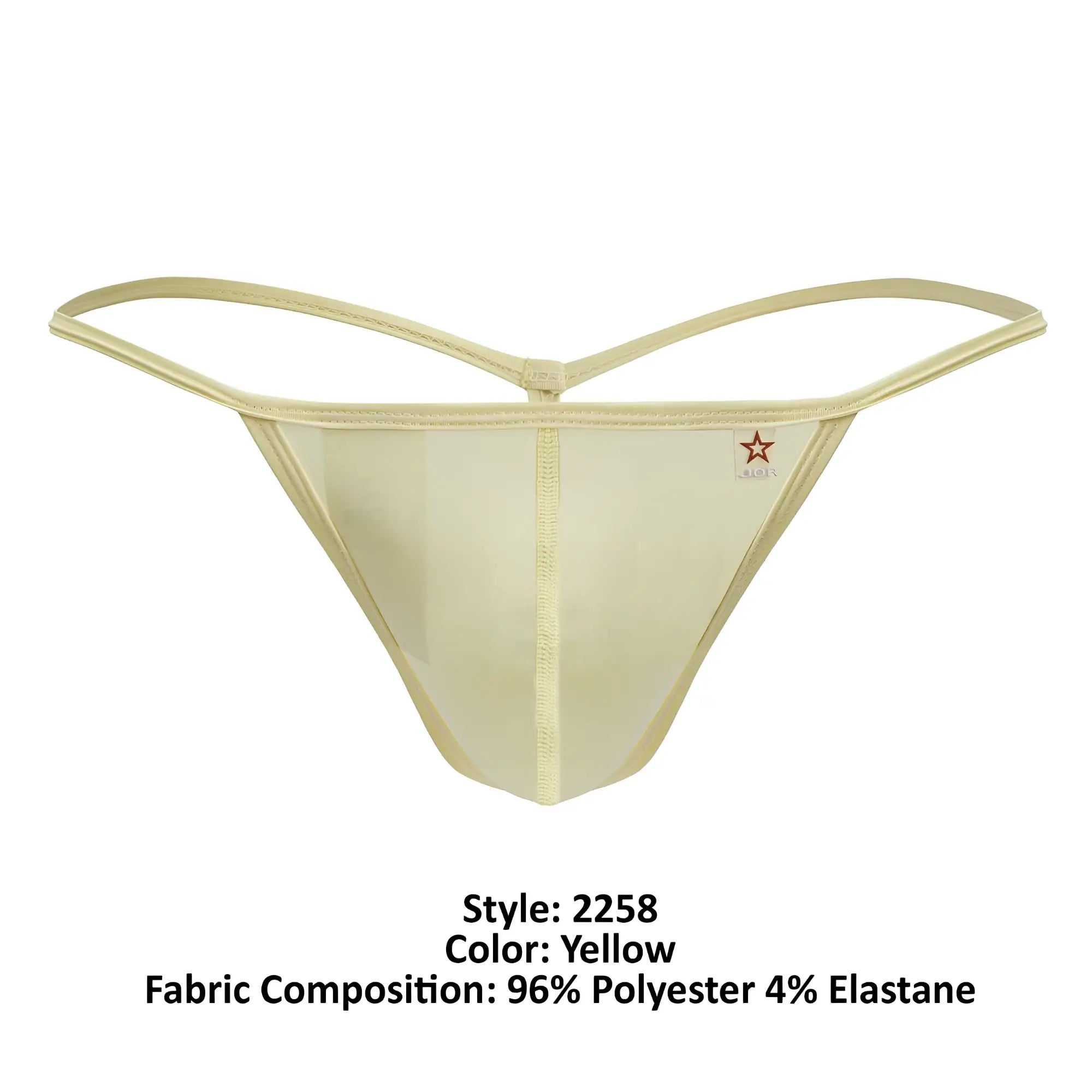 Yellow JOR 2258 Axel G-string thong with sheer mesh front panel and thin shiny elastic straps