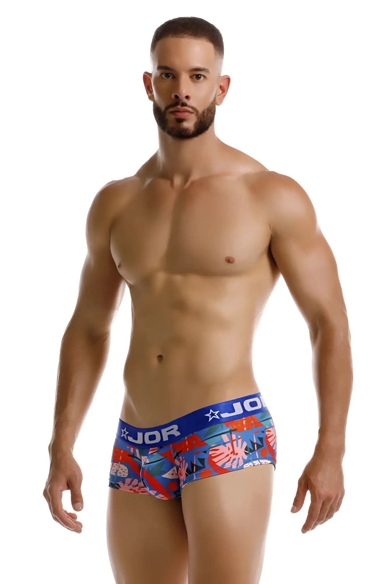 Blue and red patterned JOR 2269 South Trunks color printed men’s briefs with a tropical design and comfortable fit