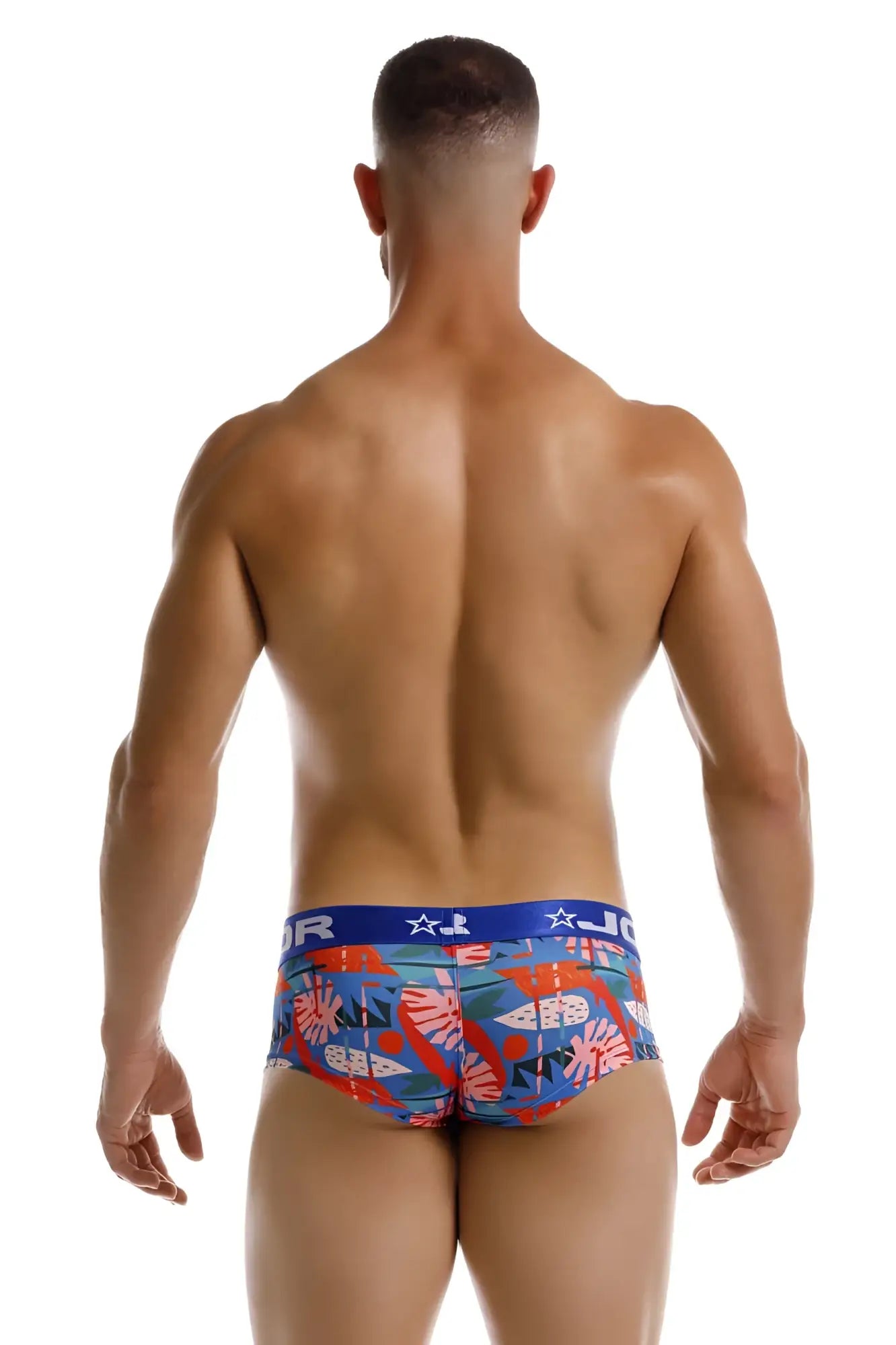 Men’s briefs jor 2269 south trunks with blue and red tropical fish print and branded waistband