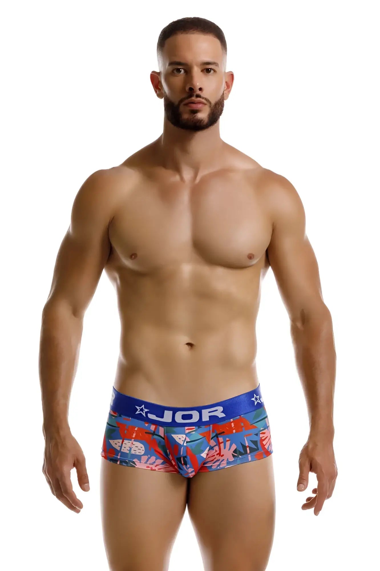 Blue and red tropical print briefs with jor branding on waistband from the jor 2269 south trunks color printed collection