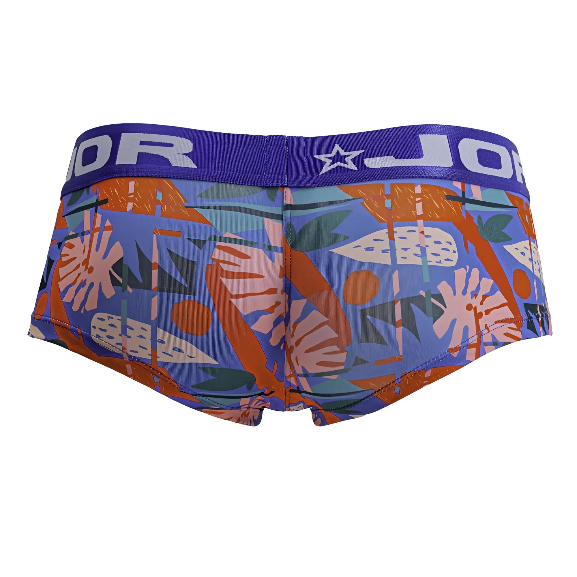 Purple and orange tropical leaf-patterned men’s briefs with branded elastic waistband jor 2269 south trunks color printed