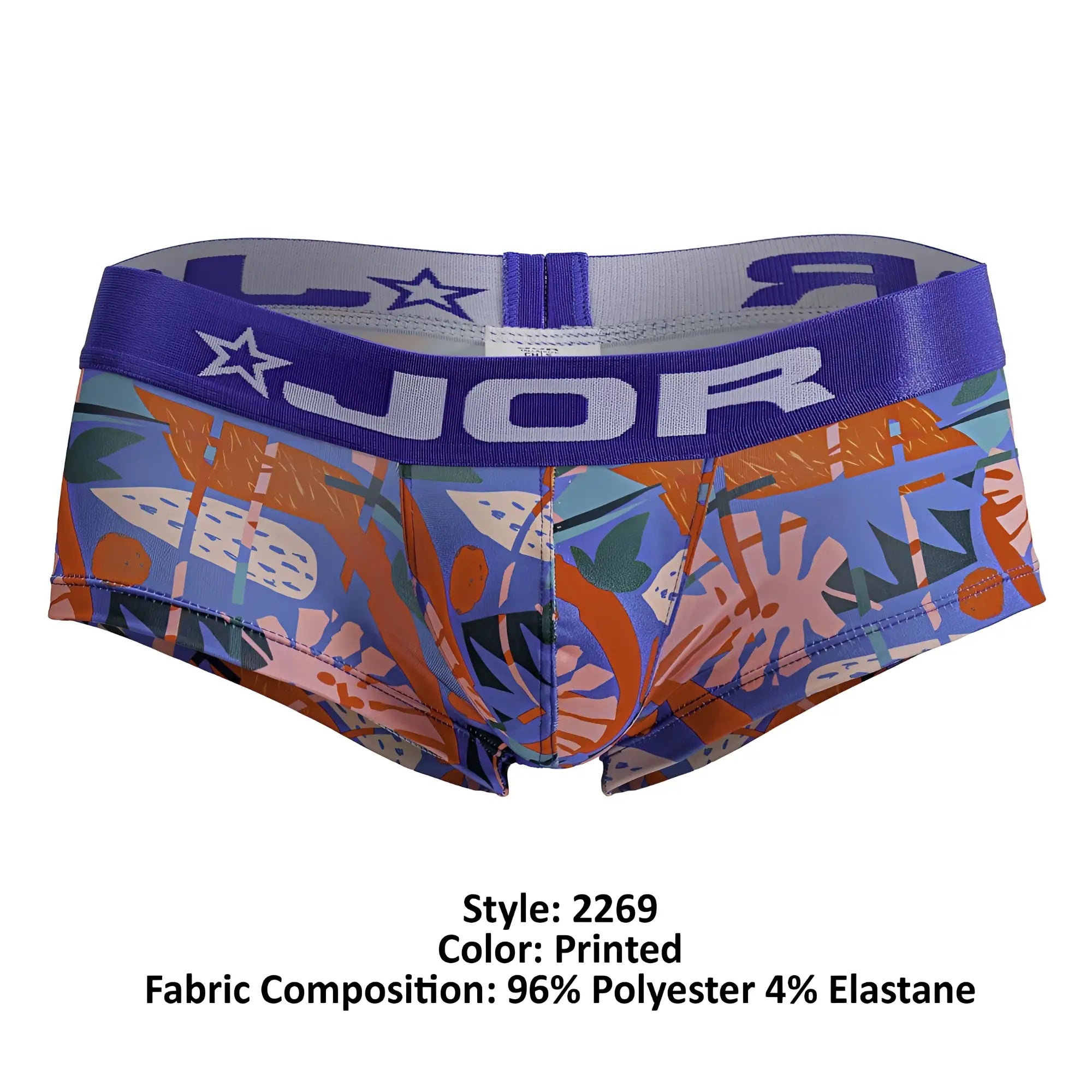 Vibrant jor 2269 south trunks printed briefs with blue orange green tropical leaf pattern and purple waistband logo