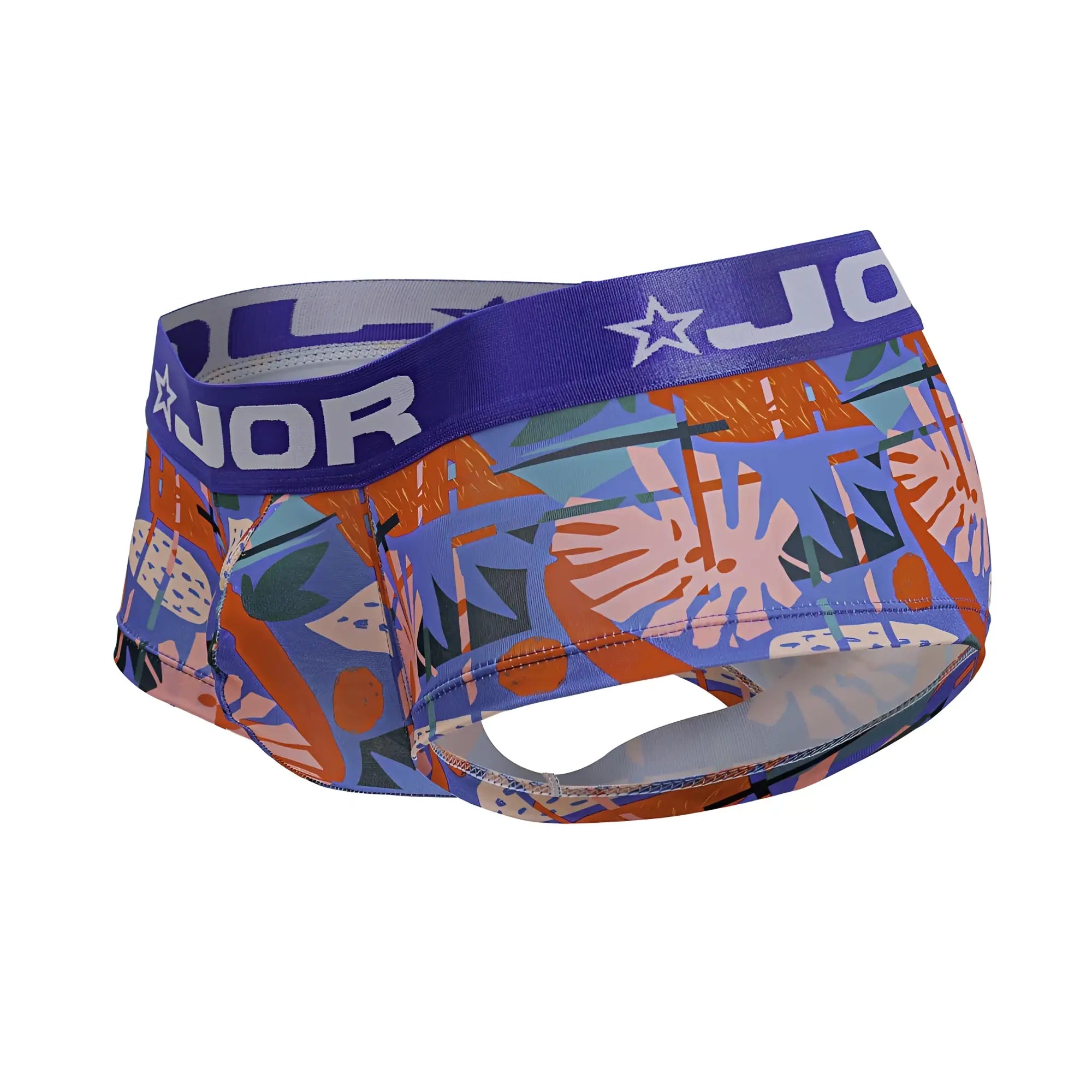 Vibrant tropical-patterned jor 2269 south trunks color printed men’s briefs in blue orange green with purple waistband