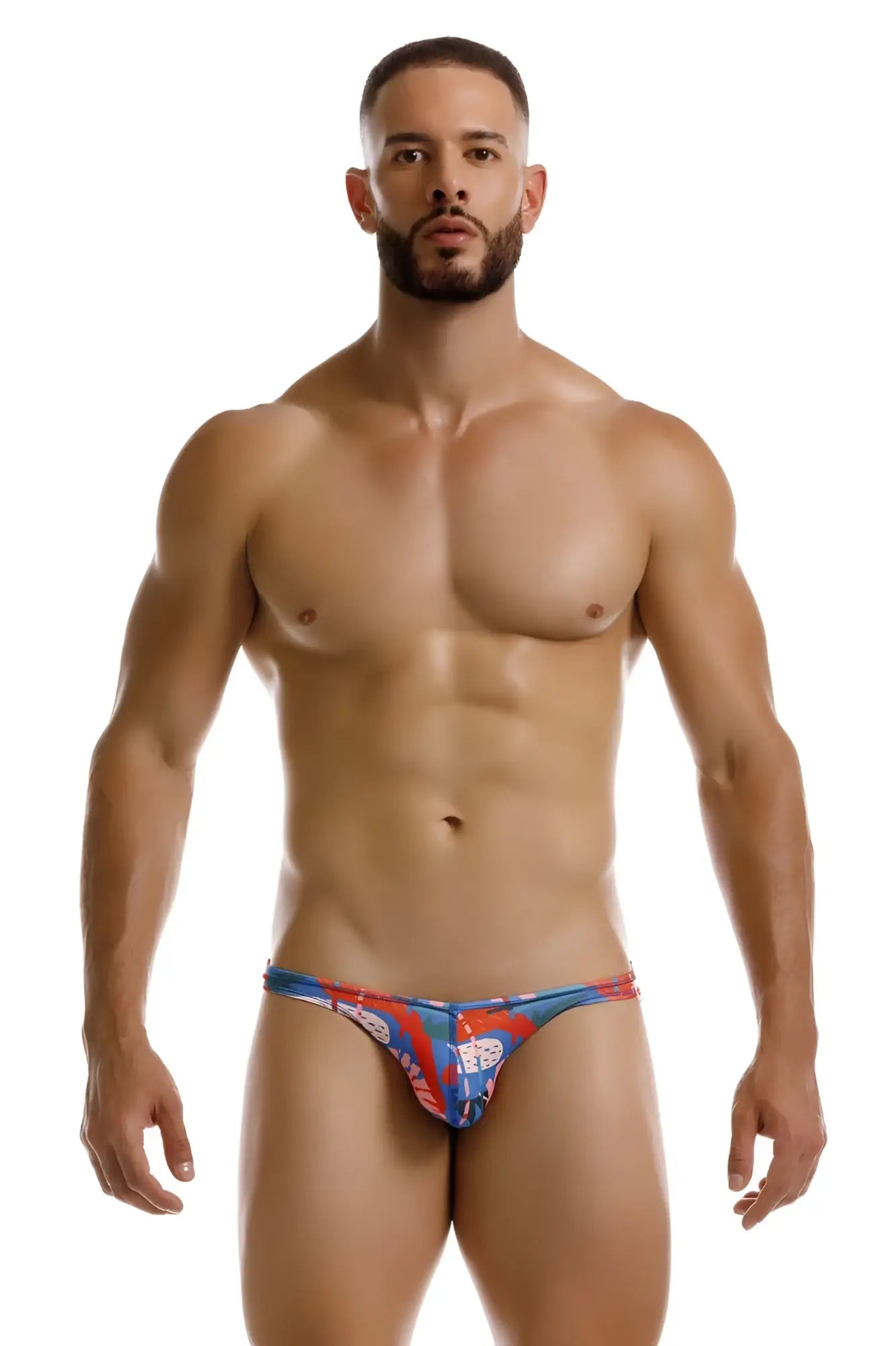 Men’s blue and red patterned thong with bold graphic design jor 2270 south bikini color printed front view
