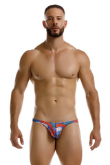 Men’s blue and red patterned thong with bold graphic design jor 2270 south bikini color printed front view
