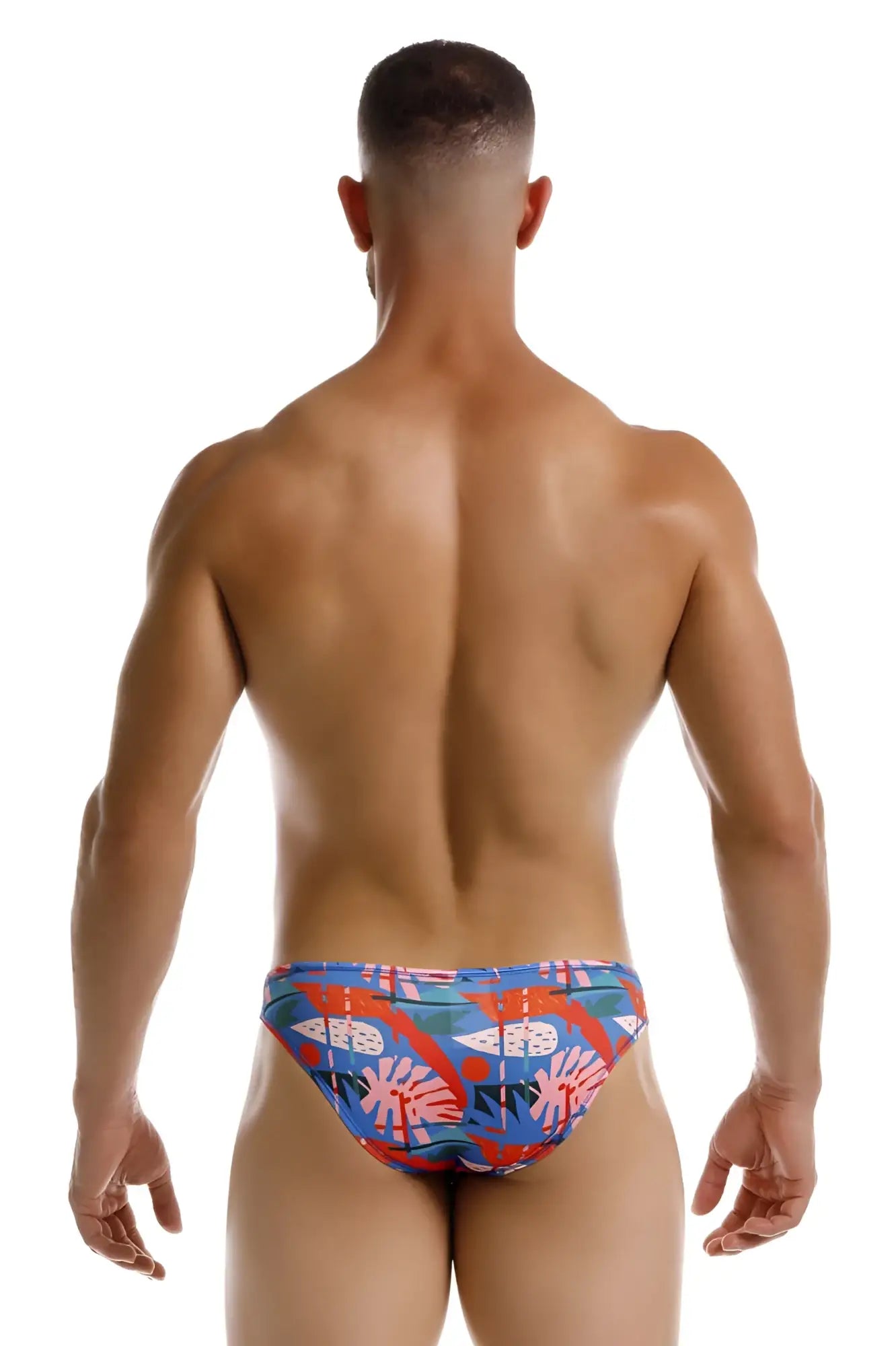JOR 2270 South Bikini color printed vibrant blue and red tropical leaf-patterned swim trunks for men
