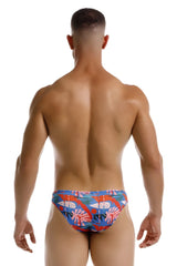 JOR 2270 South Bikini color printed vibrant blue and red tropical leaf-patterned swim trunks for men