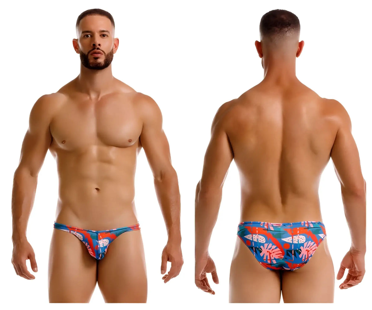 Jor 2270 south bikini color printed vibrant blue and red tropical print swim trunks with bold patterned design