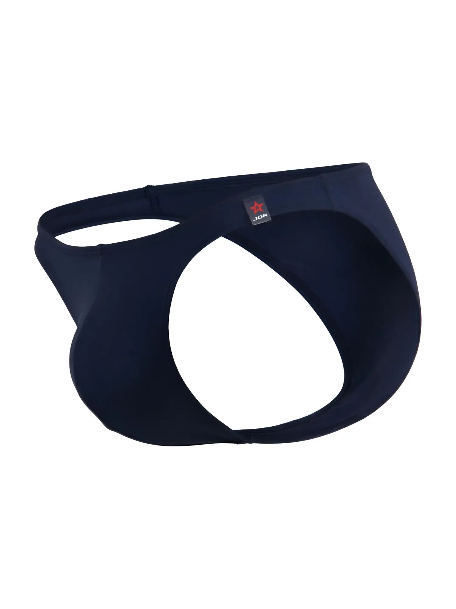Dark navy blue jon underwear with sleek form-fitting design and small red star logo on waistband for travel swimwear