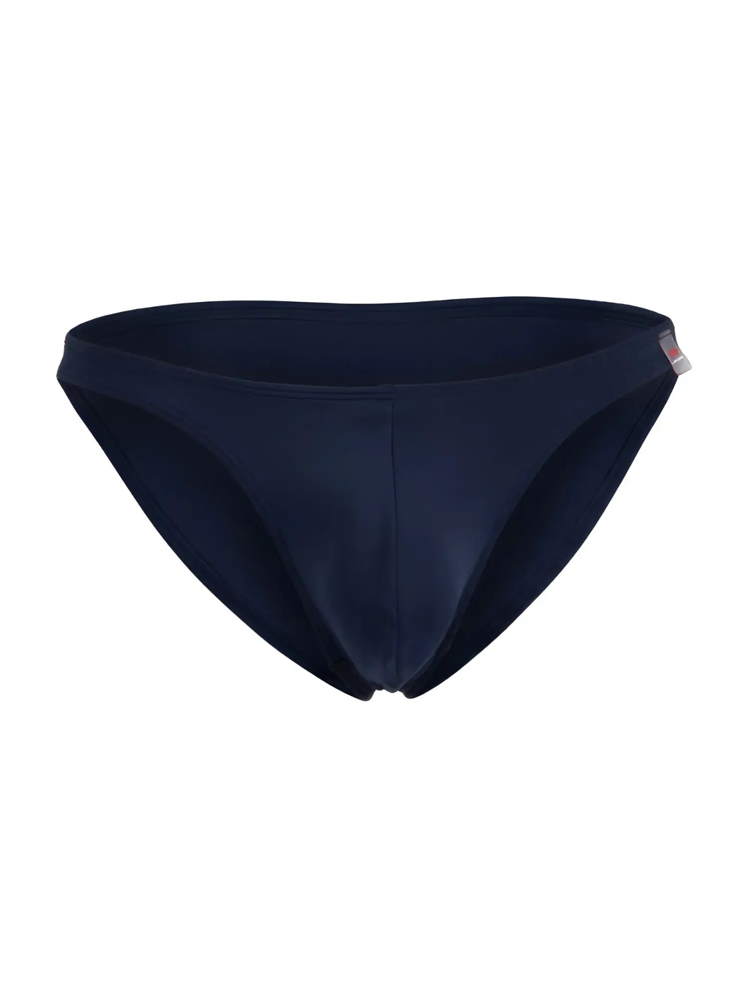 Navy blue jor 2273 travel swim bikini with smooth form-fitting fabric and small red and white tag on the side seam