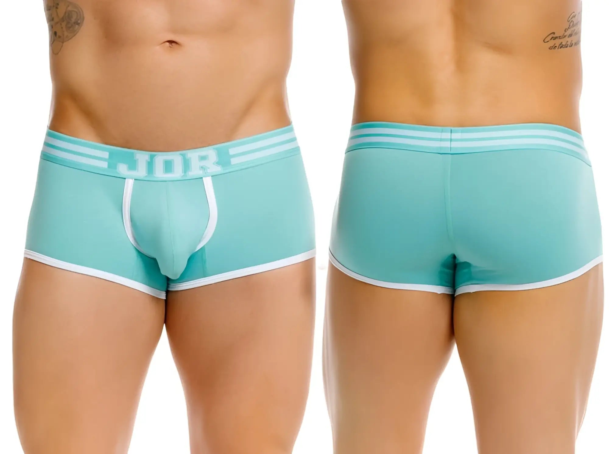 Mint green JOR 2320 College trunks briefs with white trim and three horizontal stripes on the waistband