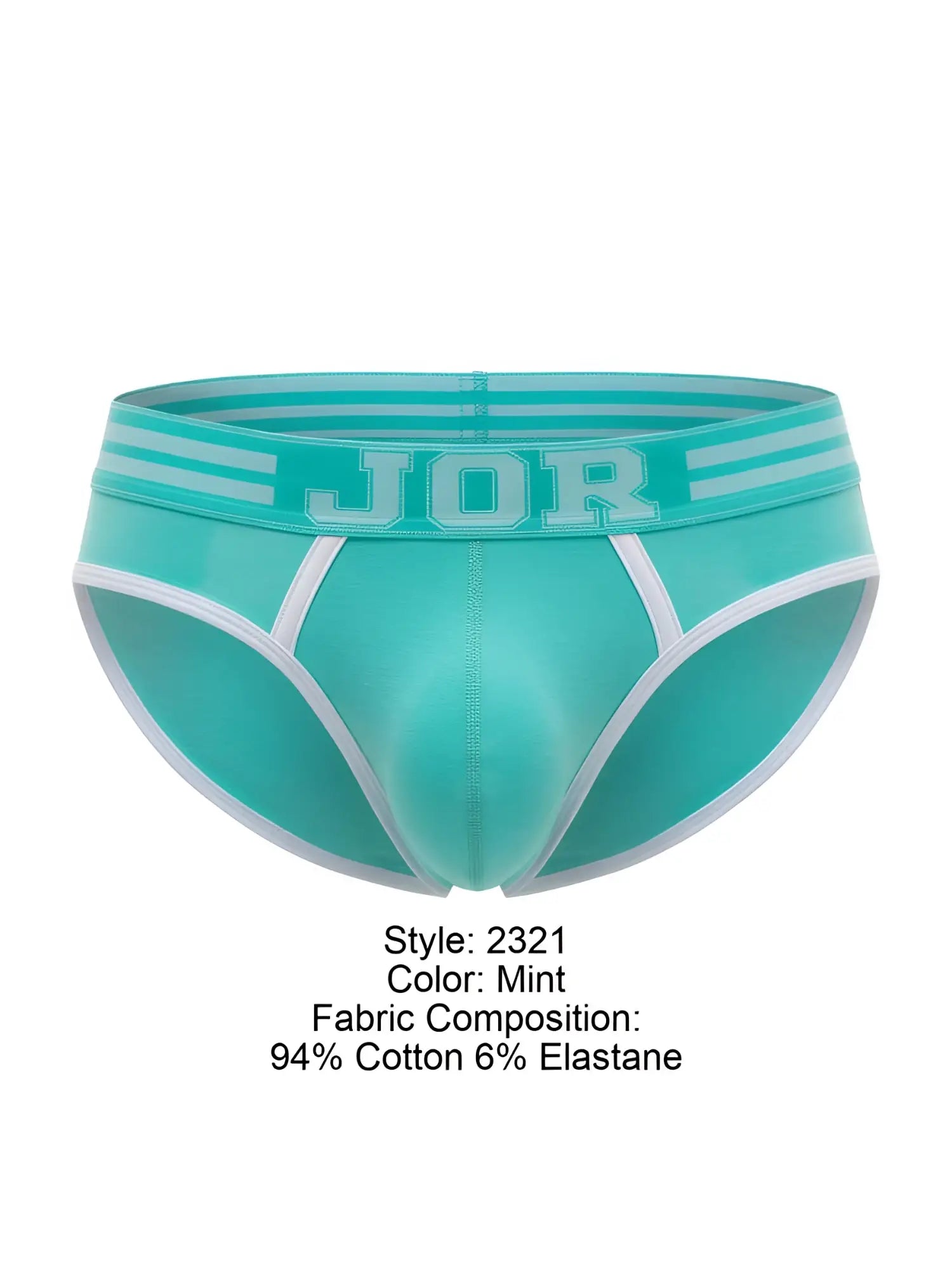 Mint-colored jor 2321 college briefs for men with white trim and three horizontal stripes on the waistband