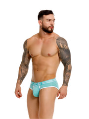 Light blue jor 2321 college briefs with white trim and subtle logo on waistband made for athletic use
