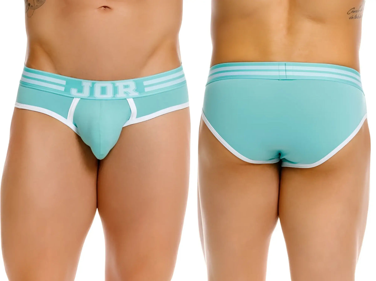 Teal jor 2321 college briefs with white trim and three horizontal waistband stripes in mint color
