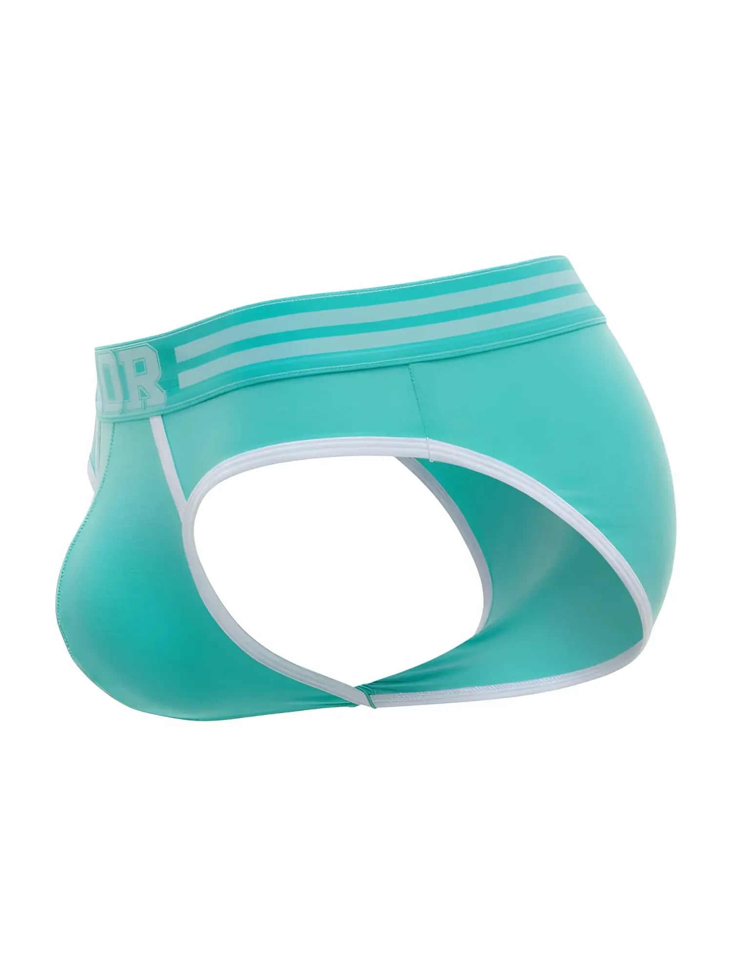 Teal mens briefs jor 2321 college style with white trim and striped waistband featuring brand name in mint color