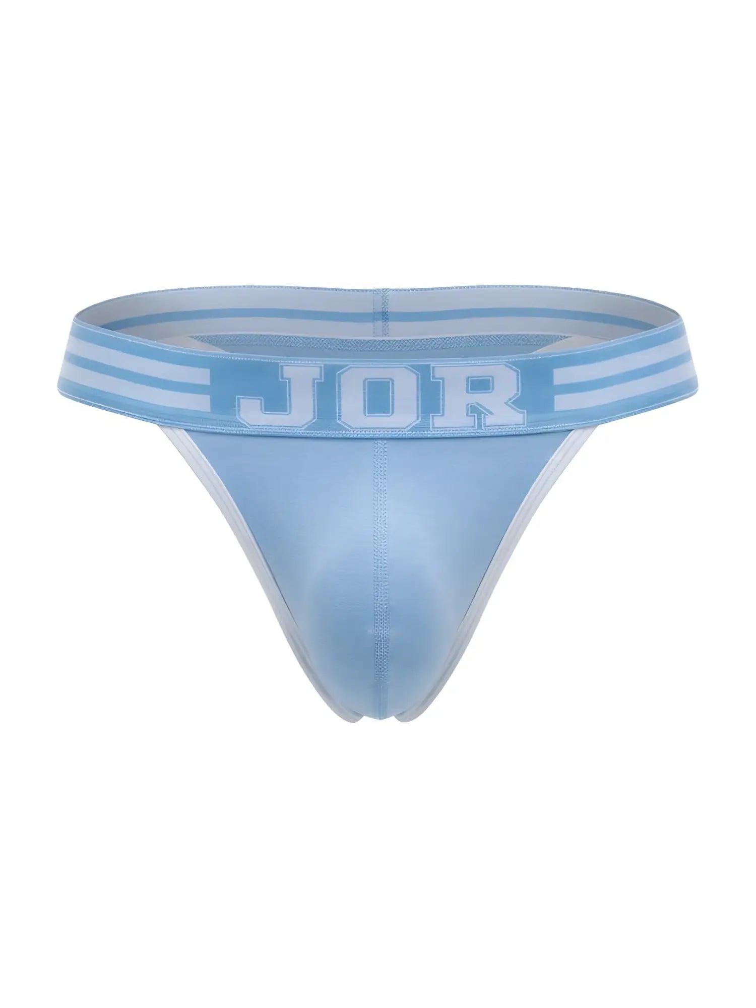 Light blue JOR 2323 College thong with matching waistband featuring white lettering and horizontal stripes visible from front