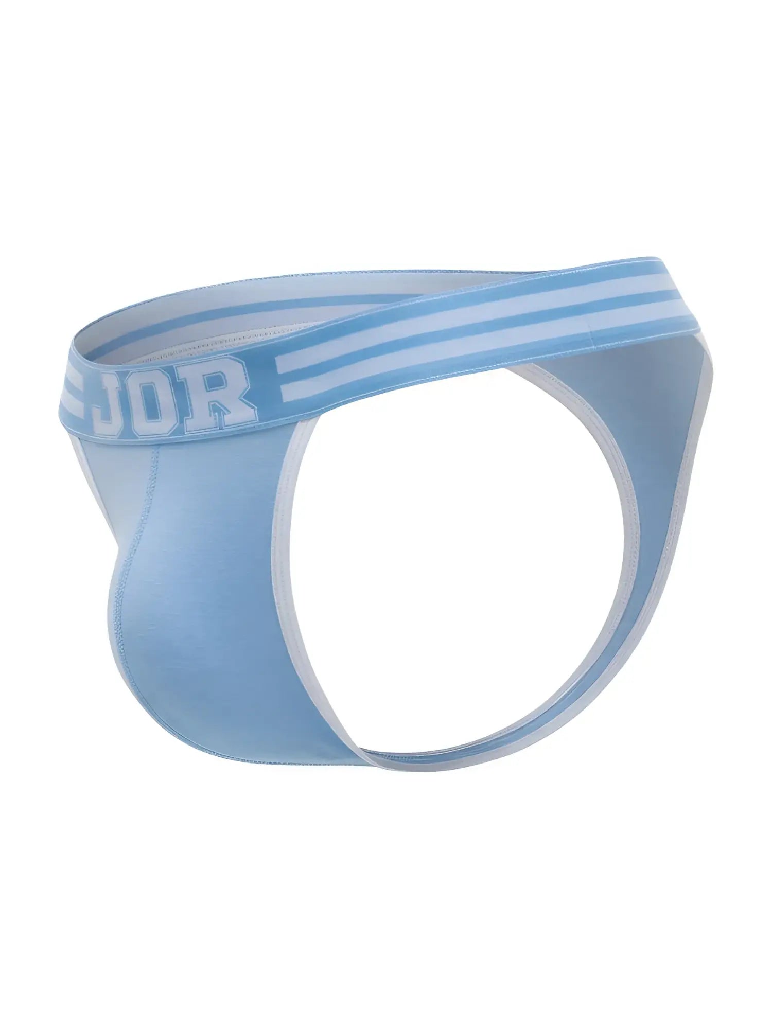 Light blue jor 2323 college thongs briefs with white trim and striped waistband showing front side