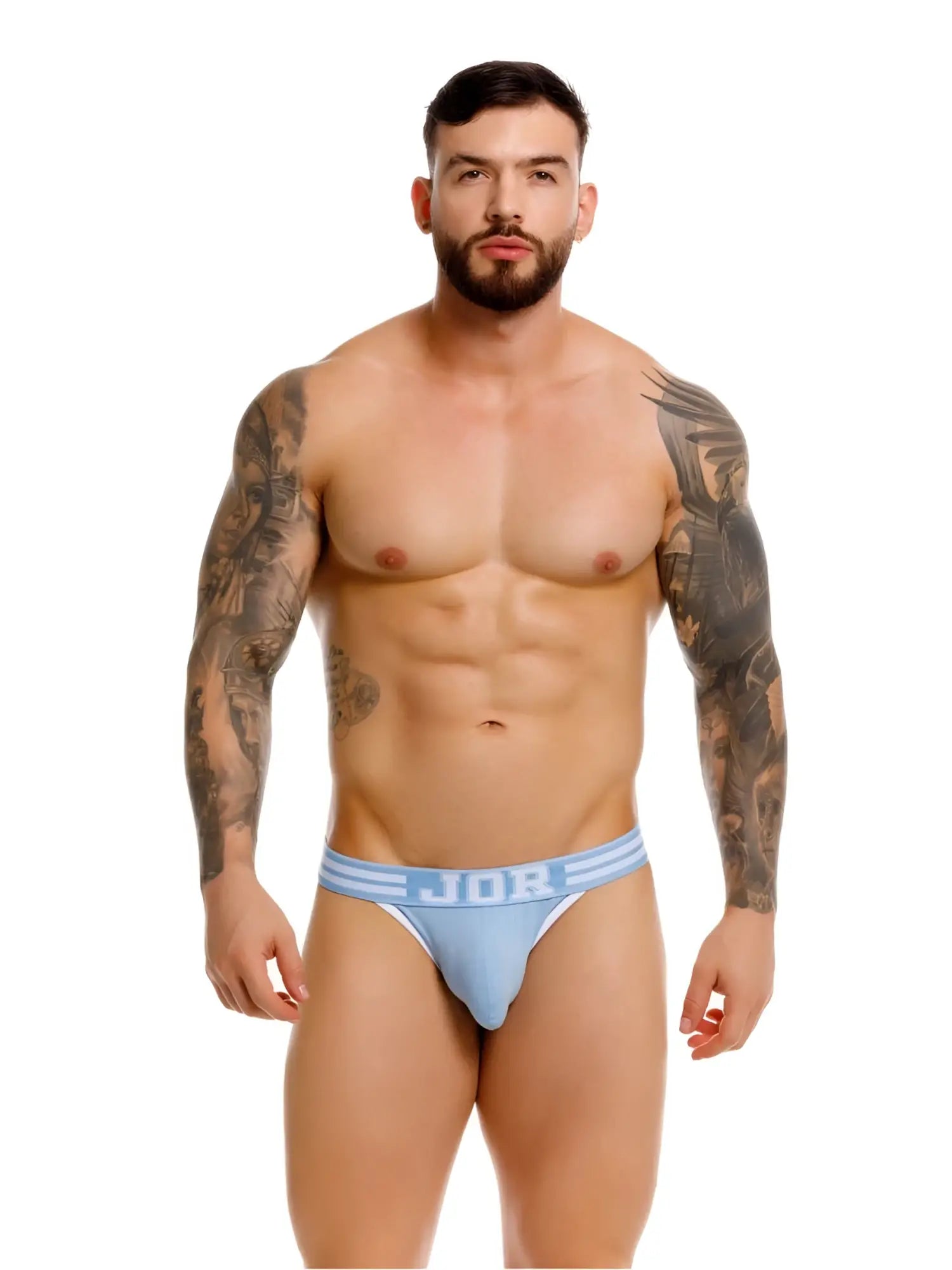 Light blue jor 2323 college briefs with white stripes and bold logo on waistband for comfortable wear