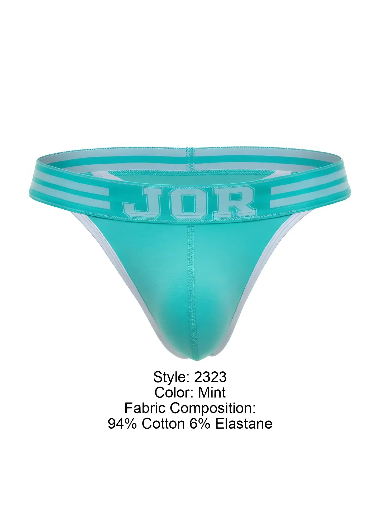 Mint-colored jor 2323 college thong with white-trimmed waistband featuring bold jor logo for comfortable wear
