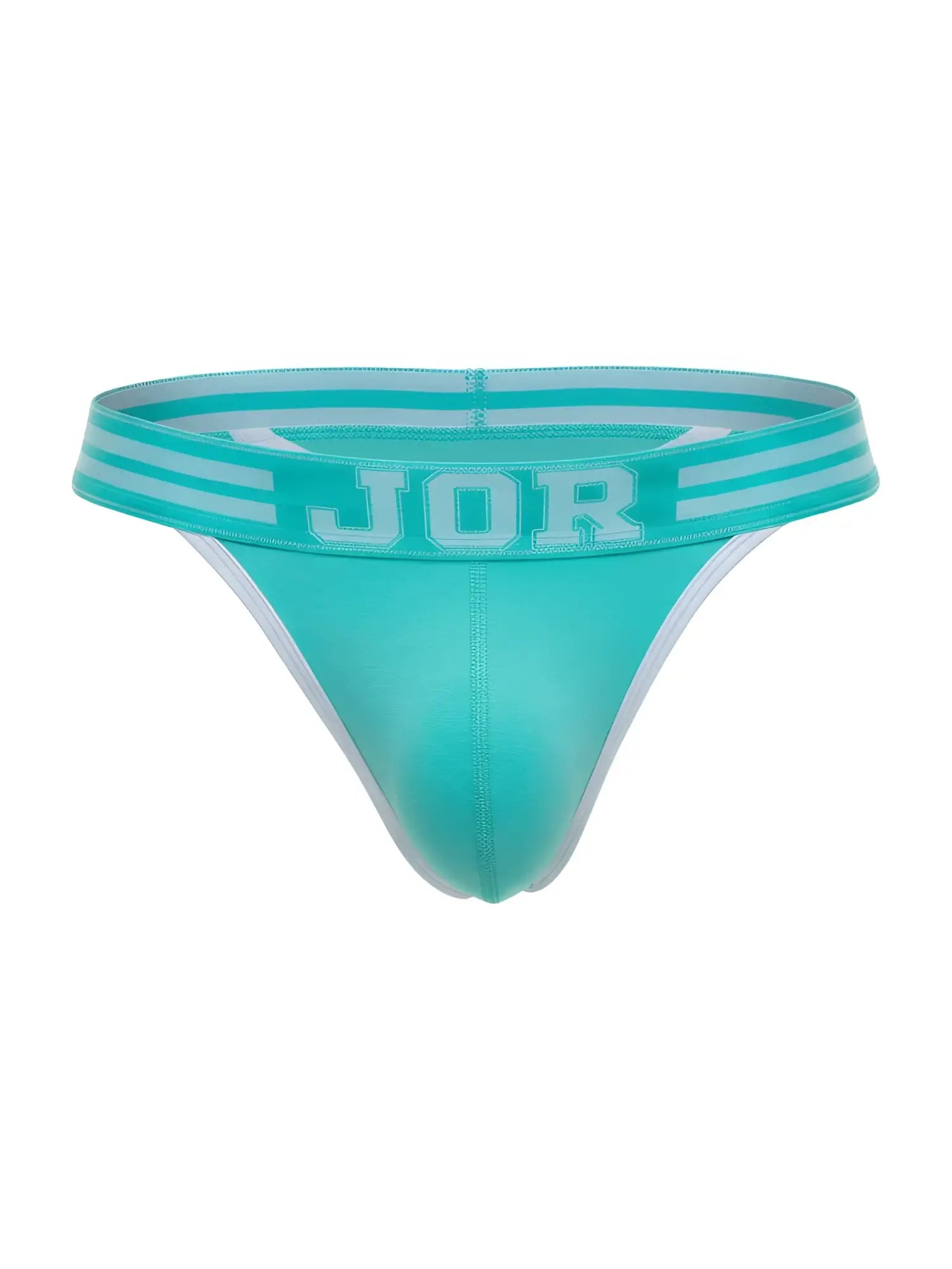 Teal jor 2323 college thong with white trim and bold waistband lettering in mint color front view