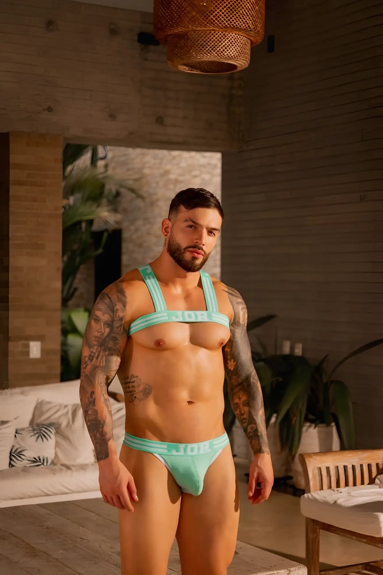 Jor 2323 college thongs in mint turquoise color featuring branded briefs with matching strappy top front view