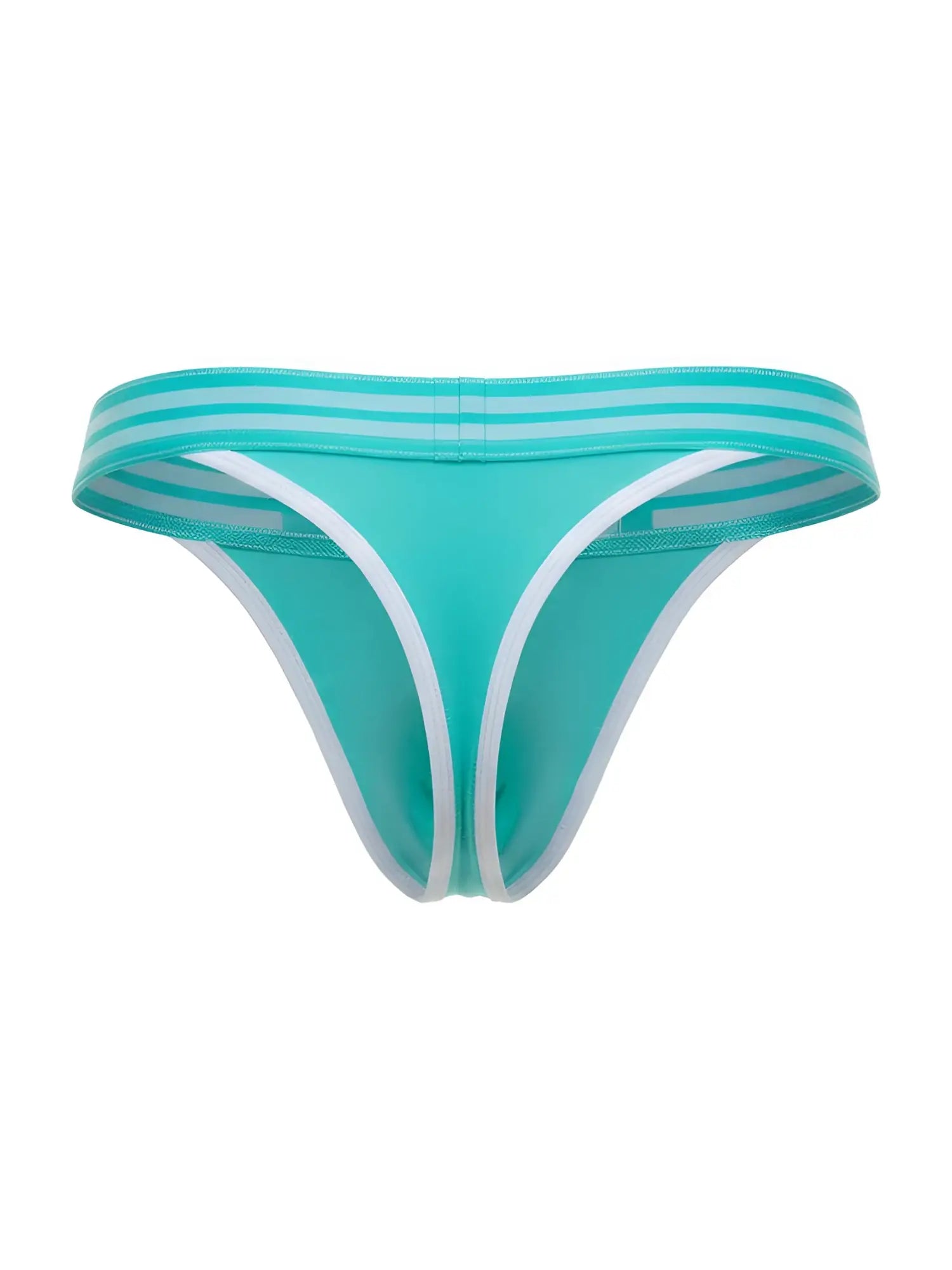 Jor 2323 college thong in mint turquoise with white trim and striped waistband shown from the back side
