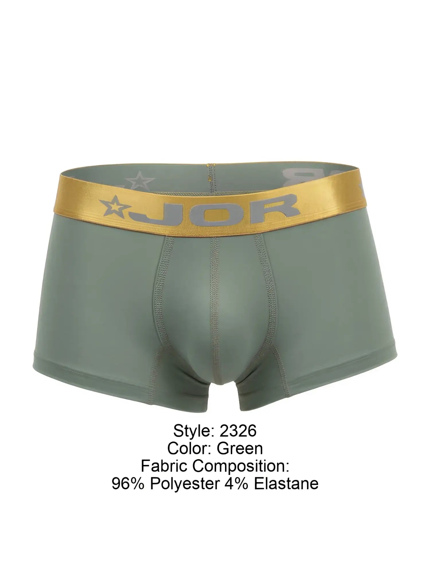 Green jor 2326 soho trunks boxer briefs with gold waistband featuring logo and star motifs in green color