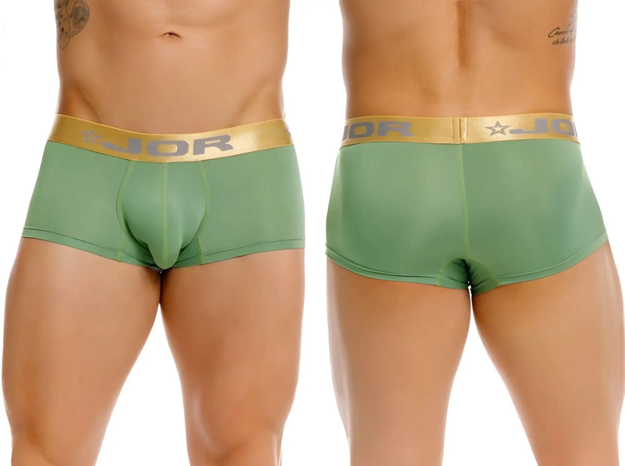 Green jor 2326 soho trunks briefs with gold waistband featuring jor logo and star emblem