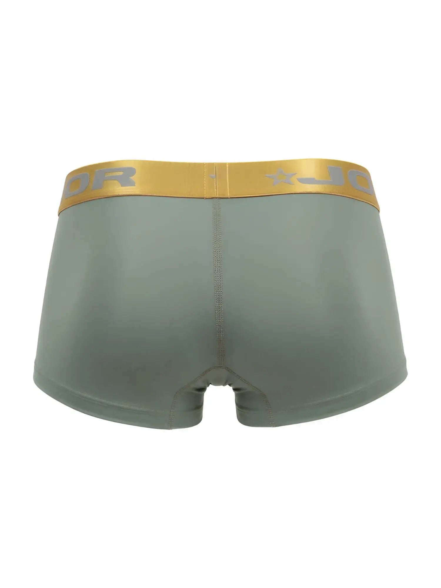 Olive green jor 2326 soho trunks boxer briefs with gold waistband and gray logo lettering