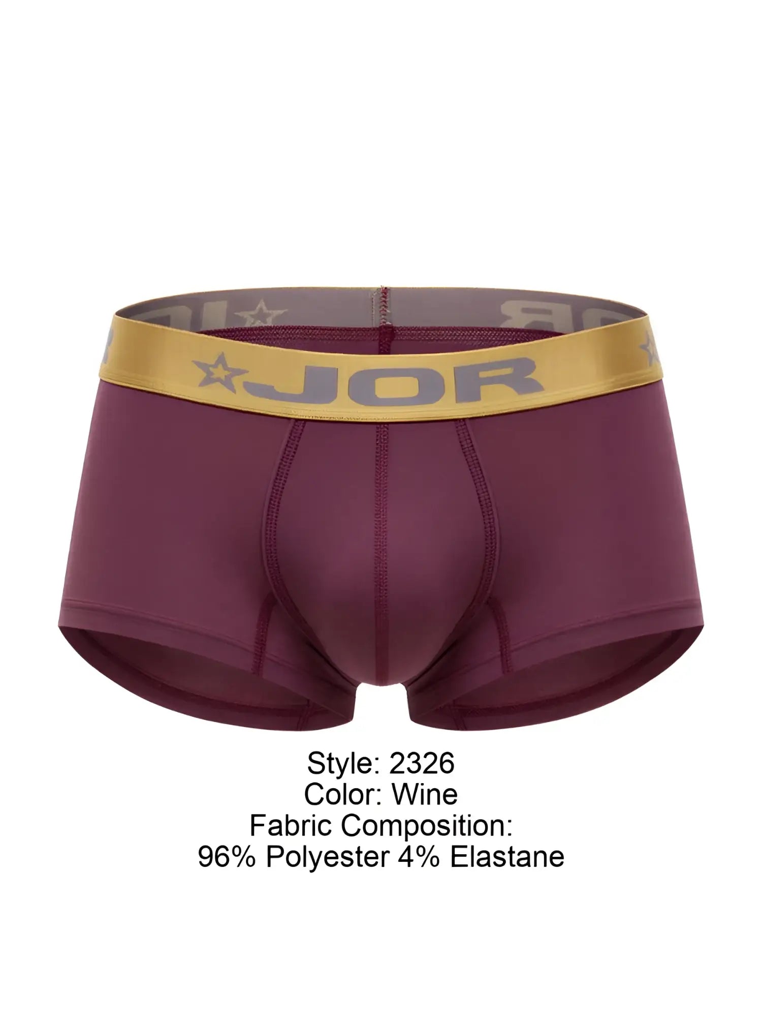 Wine-colored jor 2326 Soho trunks boxer briefs with gold elastic waistband featuring brand logo and star motifs