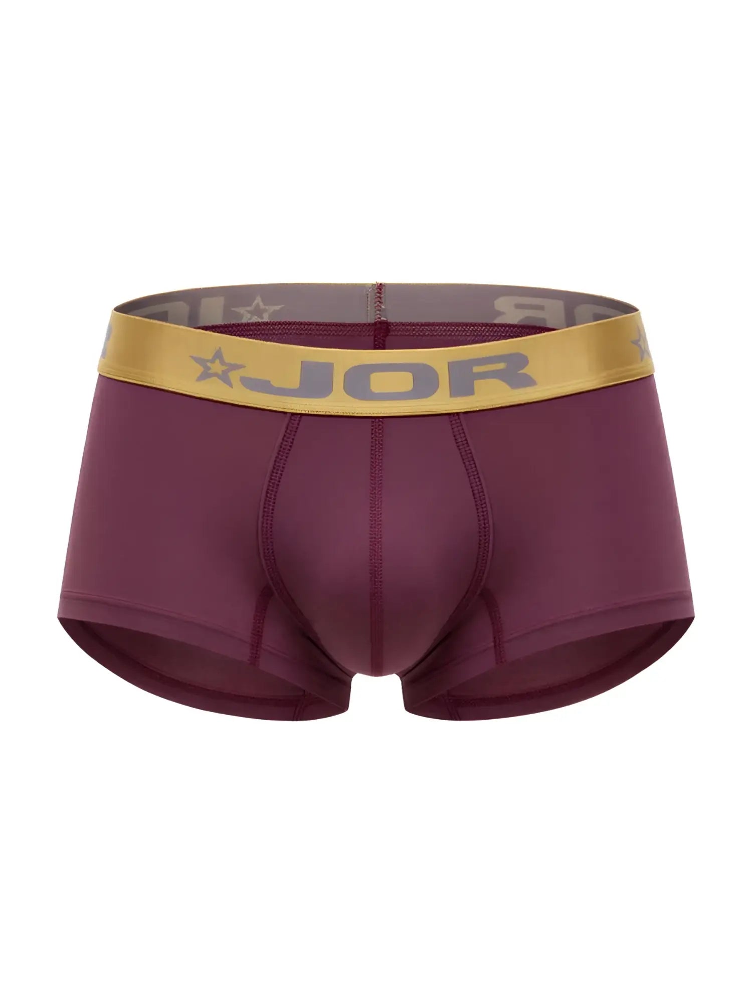Maroon jor 2326 soho trunks boxer briefs with a gold waistband featuring brand name and star logo in wine color