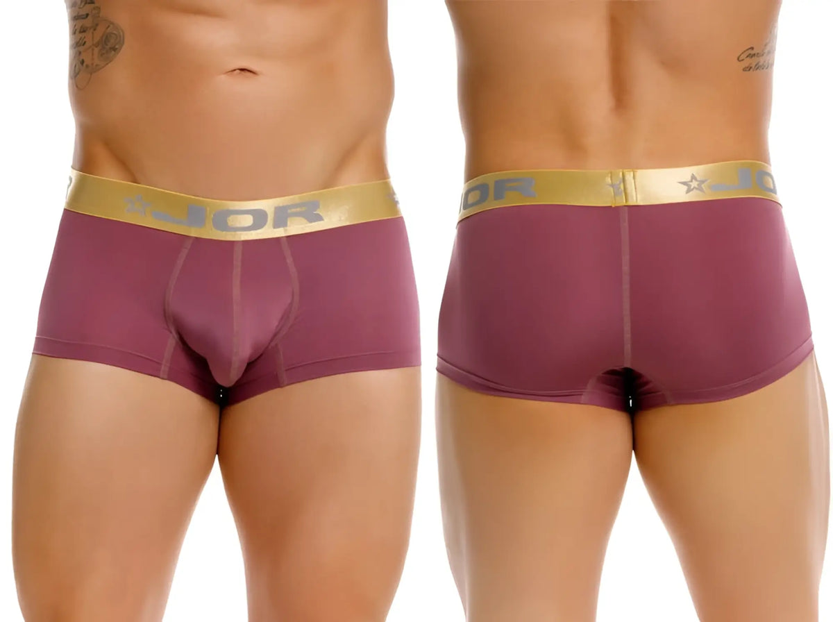 Purple jor 2326 soho trunks men’s briefs with gold waistband featuring brand logo and star emblem in wine color