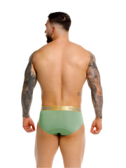 Green jor 2327 soho briefs with gold elastic waistband featuring the brand logo in athletic fabric