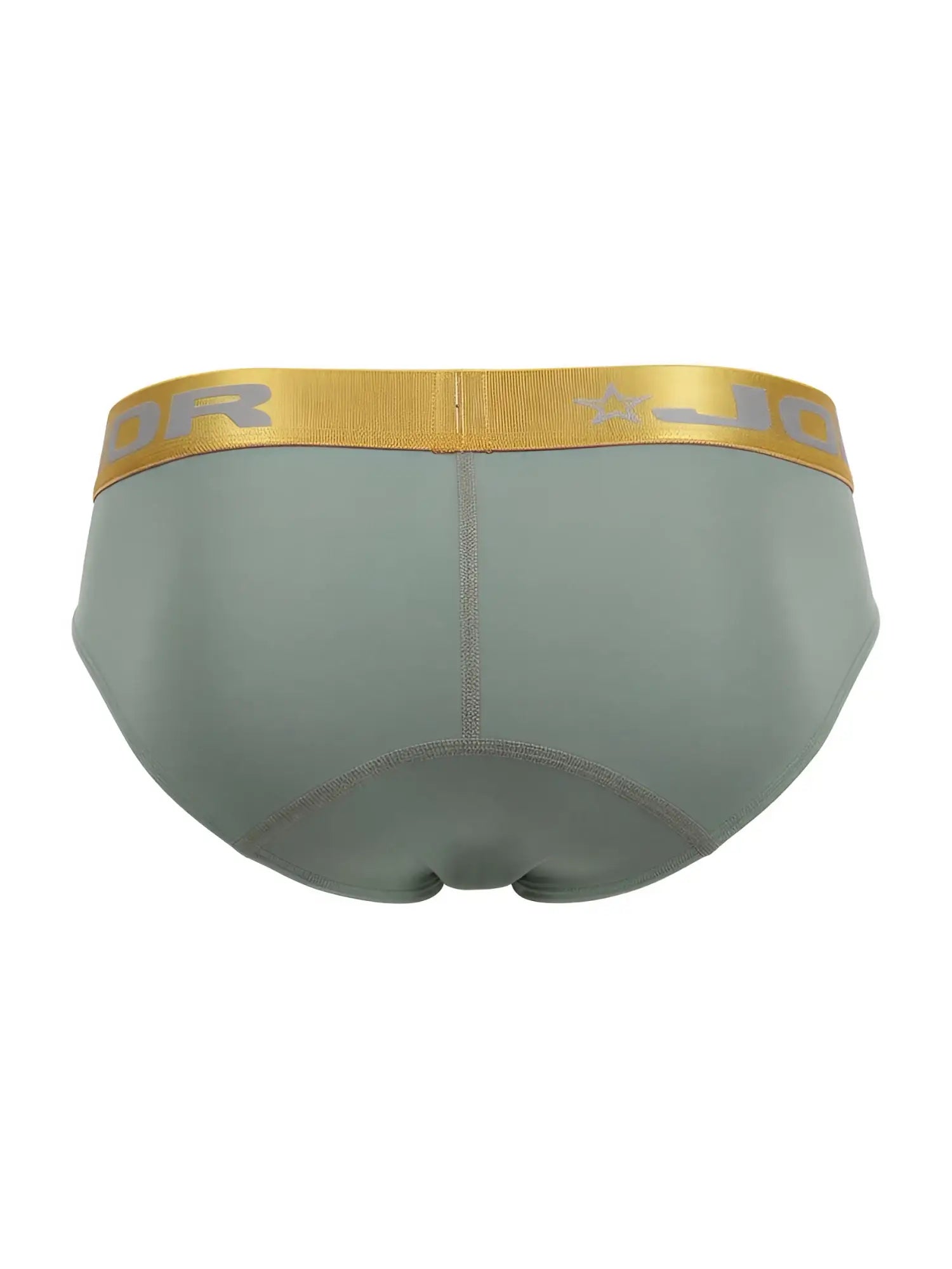 A sleek olive green jq soho brief with a gold elastic waistband and silver jq logo for men