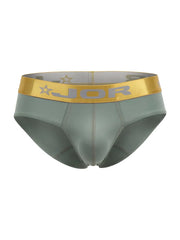 A sleek olive-green jor 2327 Soho brief for men with a shiny gold waistband featuring the brand name and star motifs