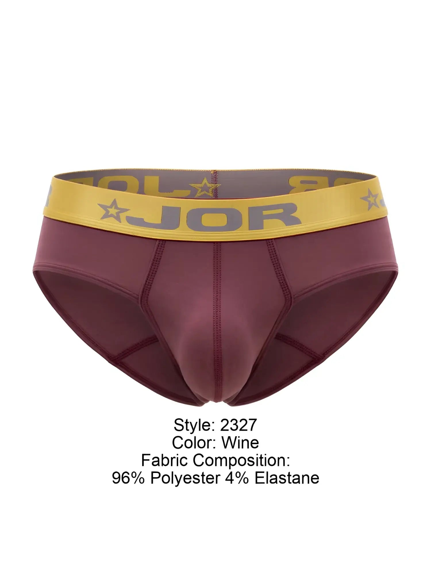 Wine-colored men’s jor 2327 Soho briefs with yellow waistband featuring jor brand name and star motifs