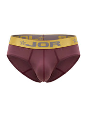 Maroon jor 2327 Soho briefs for men with yellow waistband featuring gray lettering and star motifs