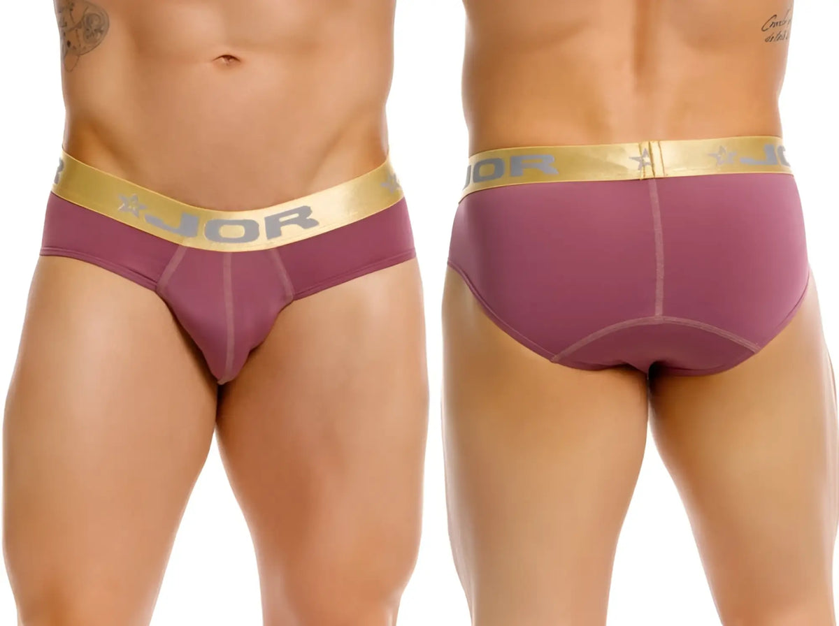 Purple men’s briefs with gold elastic waistband featuring the jor brand logo in Soho 2327 wine color
