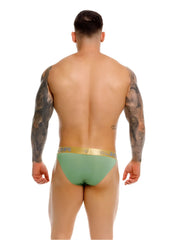 Green athletic briefs jor 2328 soho bikini with gold waistband featuring the brand logo in front view