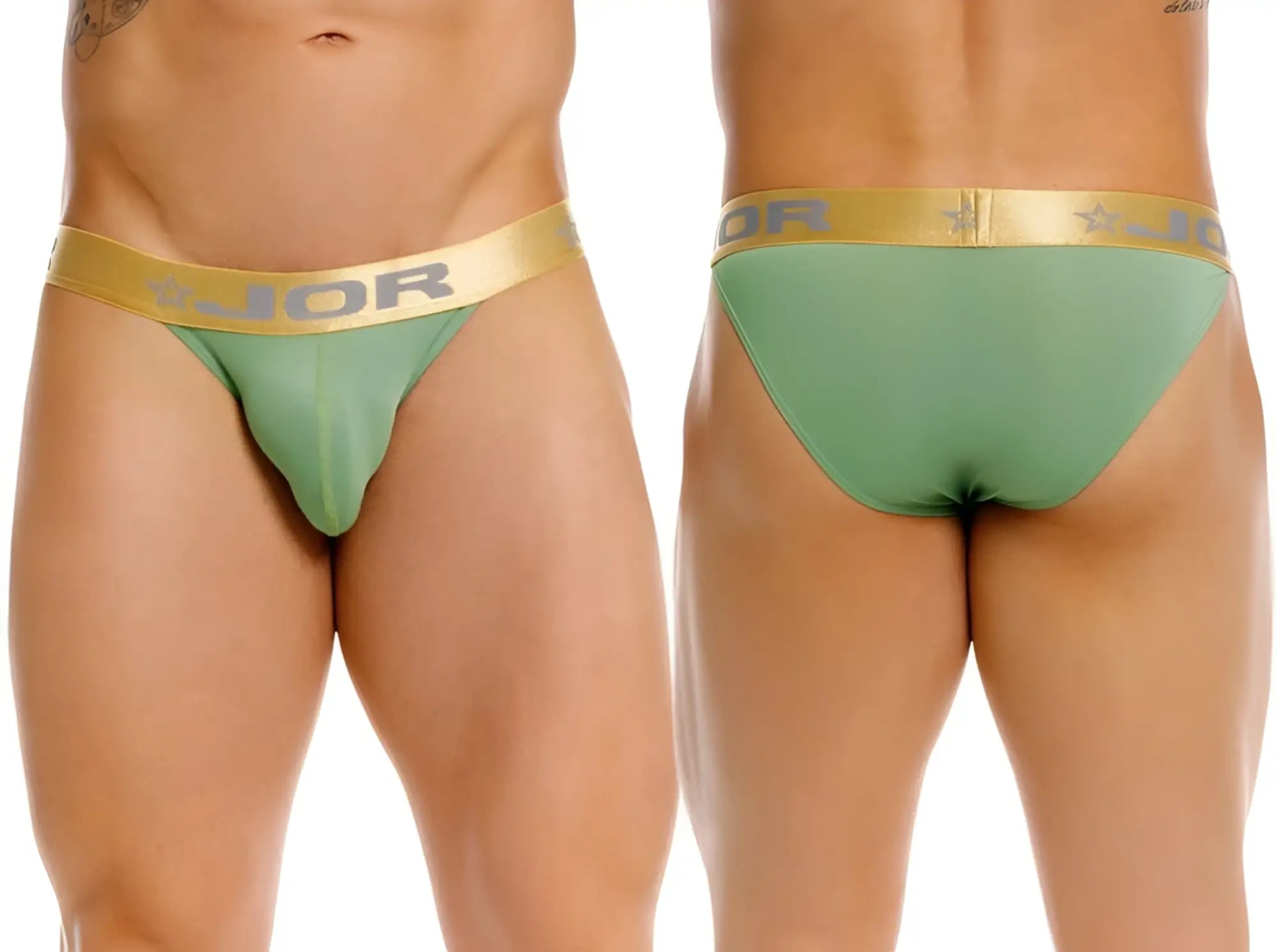 Green jor 2328 soho bikini briefs with gold waistband featuring jor logo and star design