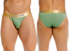 Green jor 2328 soho bikini briefs with gold waistband featuring jor logo and star design