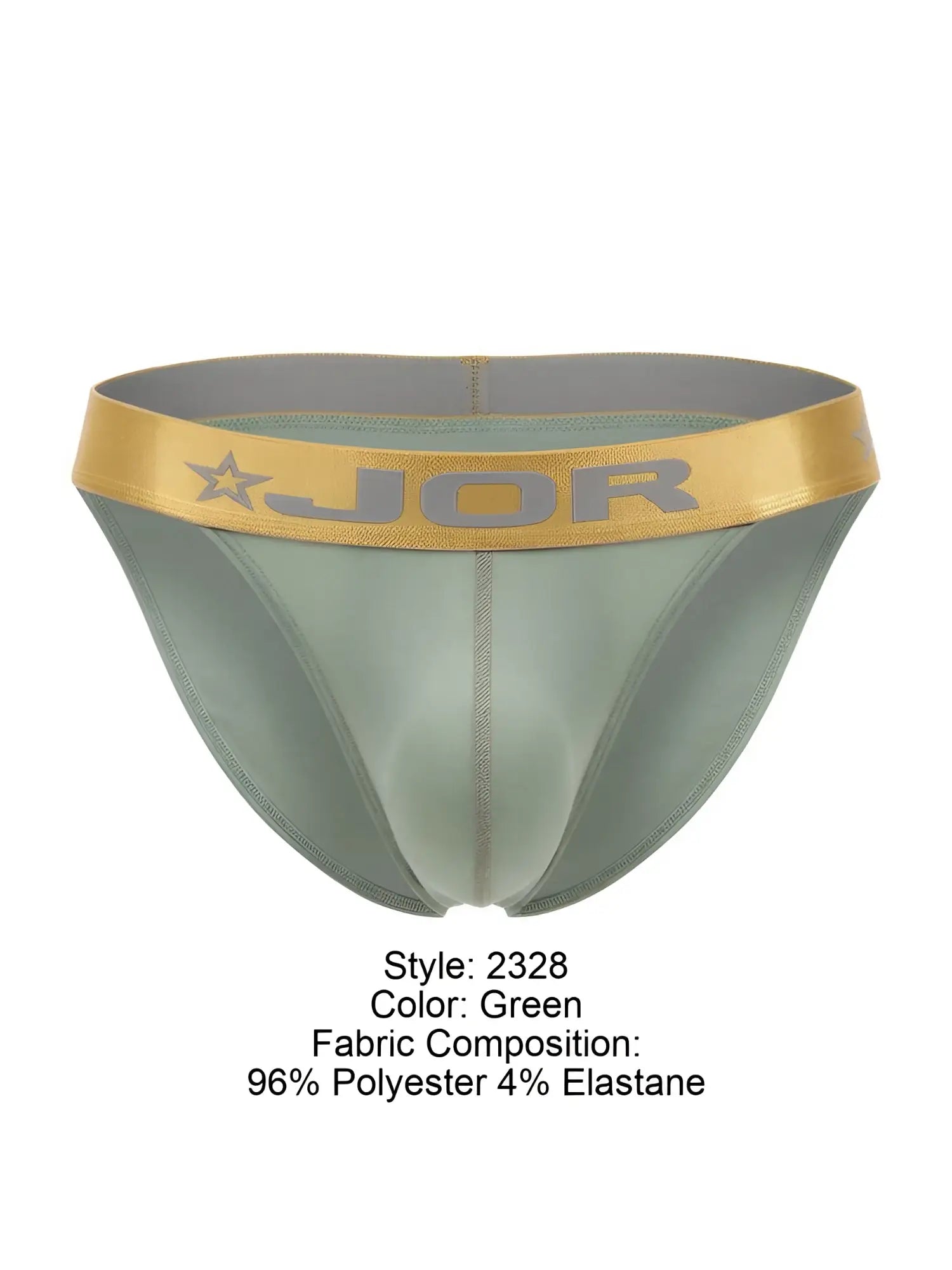 Green jor 2328 Soho bikini briefs with gold waistband featuring jor logo and star emblem