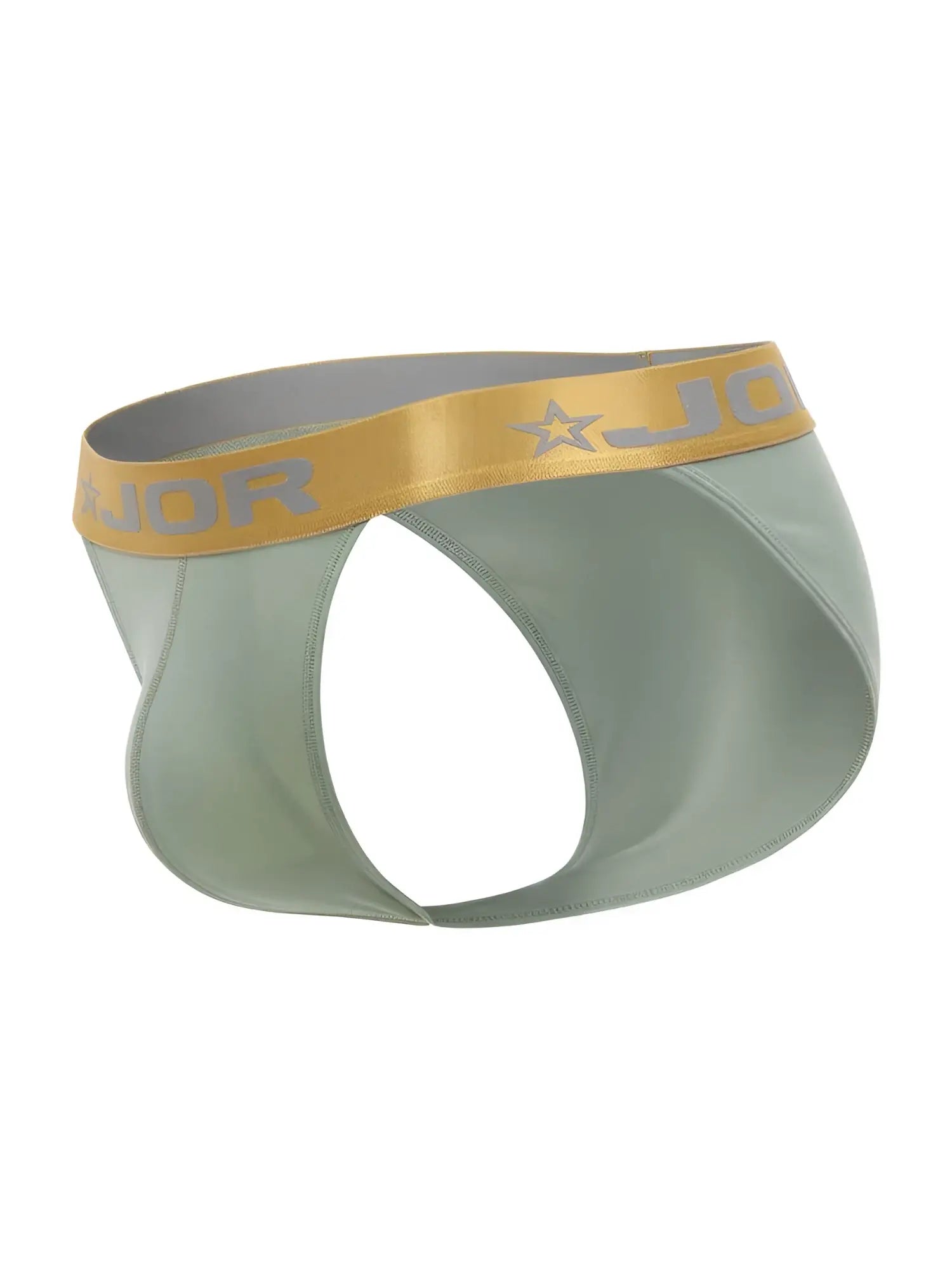 Light green sleek form-fitting jor 2328 soho bikini briefs with gold elastic waistband and jor brand logo and star emblem