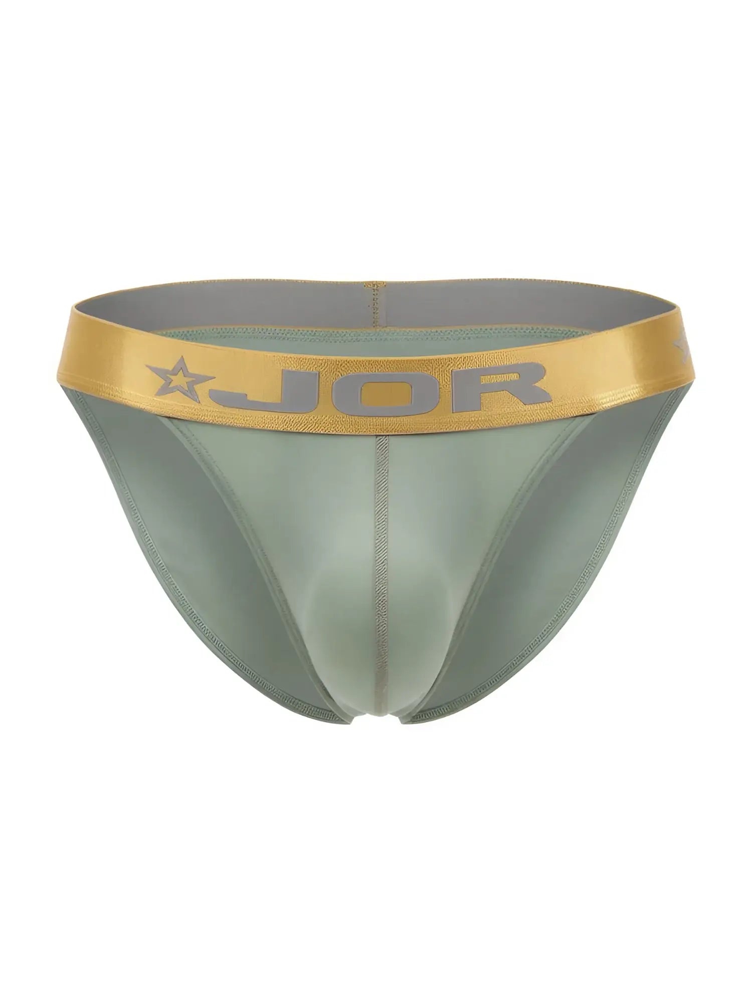 A sleek olive green jor 2328 Soho bikini brief with a gold waistband featuring the brand logo and star emblem
