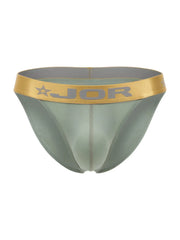 A sleek olive green jor 2328 Soho bikini brief with a gold waistband featuring the brand logo and star emblem