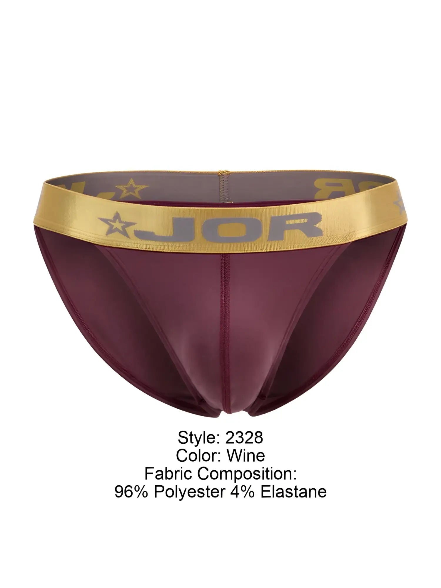 Wine-colored jor 2328 soho bikini men’s briefs with gold waistband featuring brand logo and star design