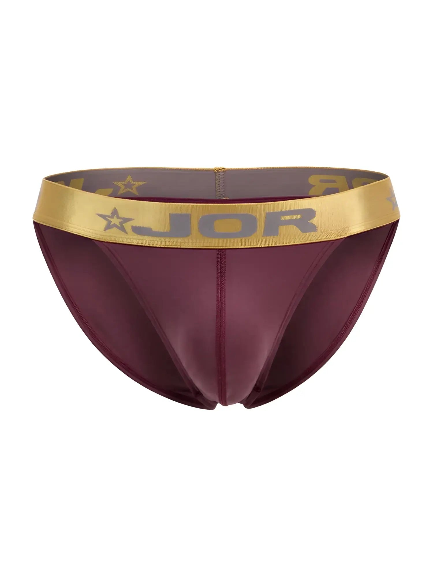 Maroon jor 2328 soho bikini briefs with gold waistband featuring logo and star motifs in color wine
