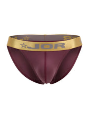 Maroon jor 2328 soho bikini briefs with gold waistband featuring logo and star motifs in color wine