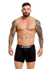 Black jor 2329 cronos boxer briefs with ribbed texture and contrasting elastic waistband featuring jor logo in white